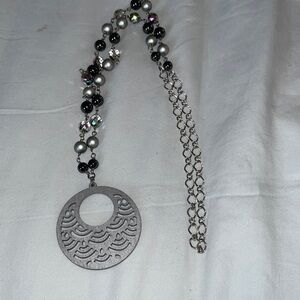 Silver and Gray Beaded Necklace with Silver Wooden Circular Pendant